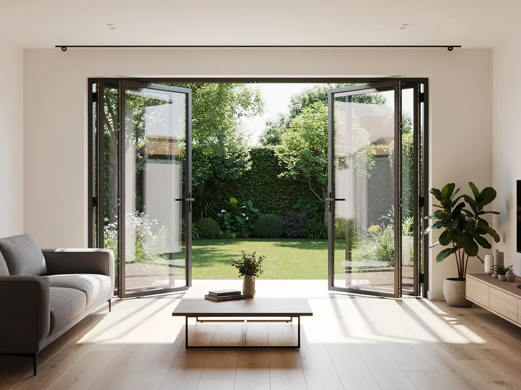 Baie coulissante en aluminium posée dans un séjour rénové ouvert sur le jardin