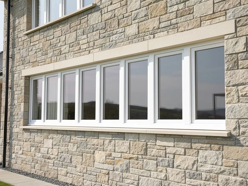 Rangée de fenêtres PVC blanches neuves sur une façade de maison rénovée