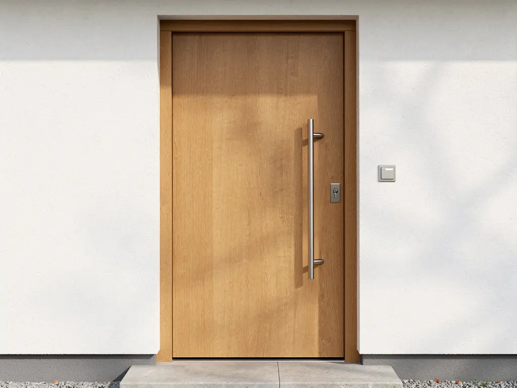 Porte d'entrée contemporaine en bois installée après rénovation