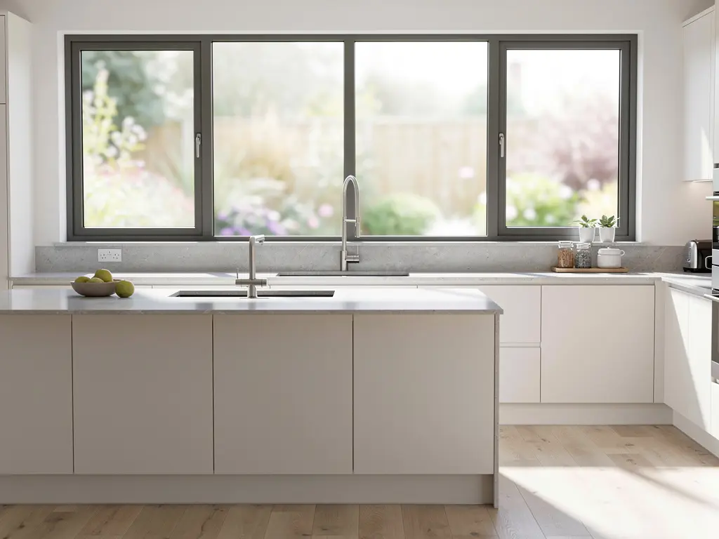 Fenêtres aluminium à cadres fins dans une cuisine moderne rénovée