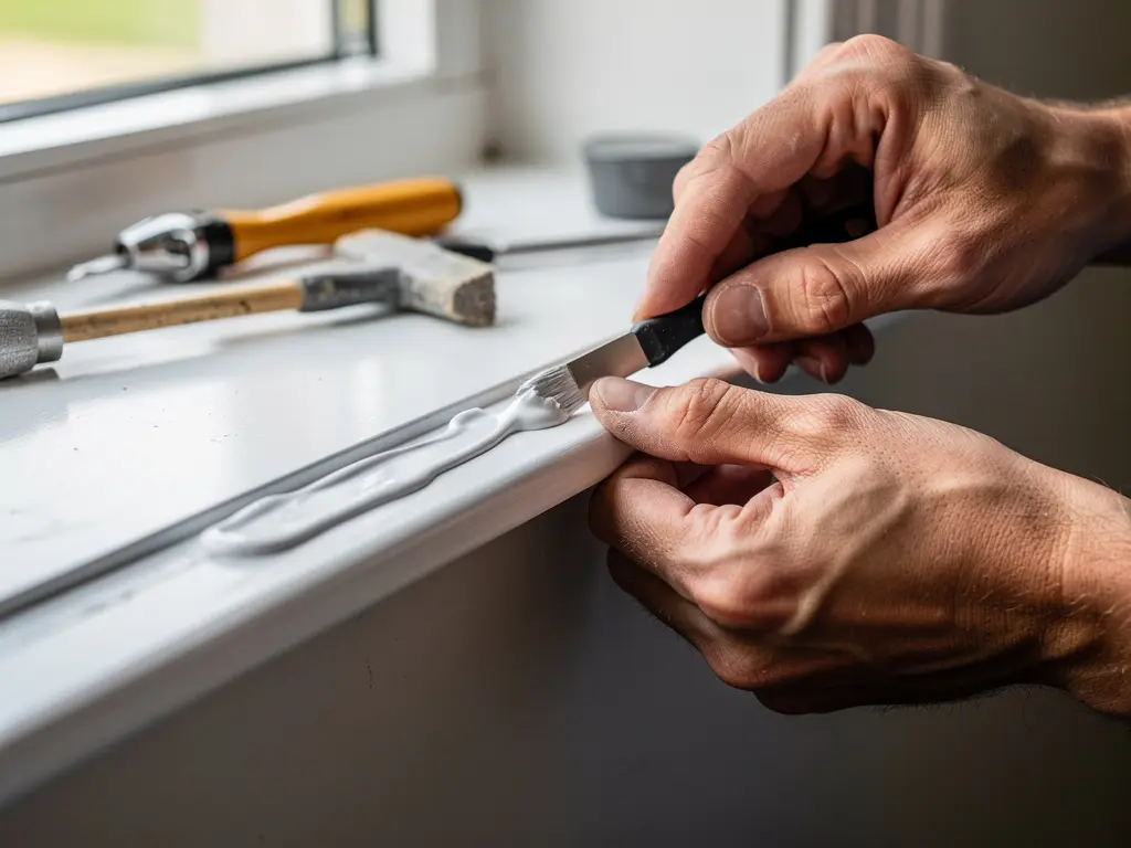 Artisan réalisant les joints d'étanchéité d'une fenêtre fraîchement posée